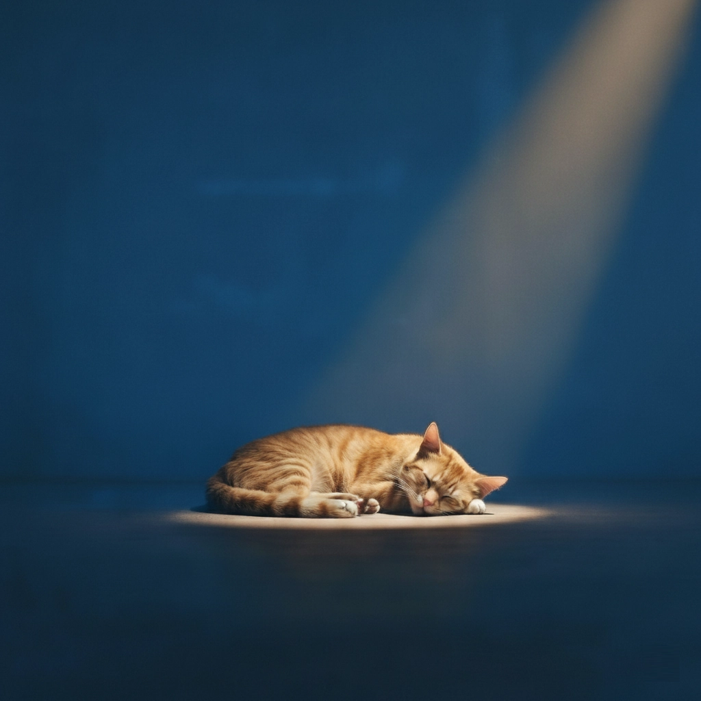 Un chat endormi sous un faisceau de lumière